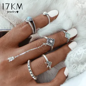 17KM 2016 Fashion 6 pcs/ set Vintage Beach Punk Arrow Ring Set Ethnic Carved Antique Silver Color Finger Ring Knuckle Charm