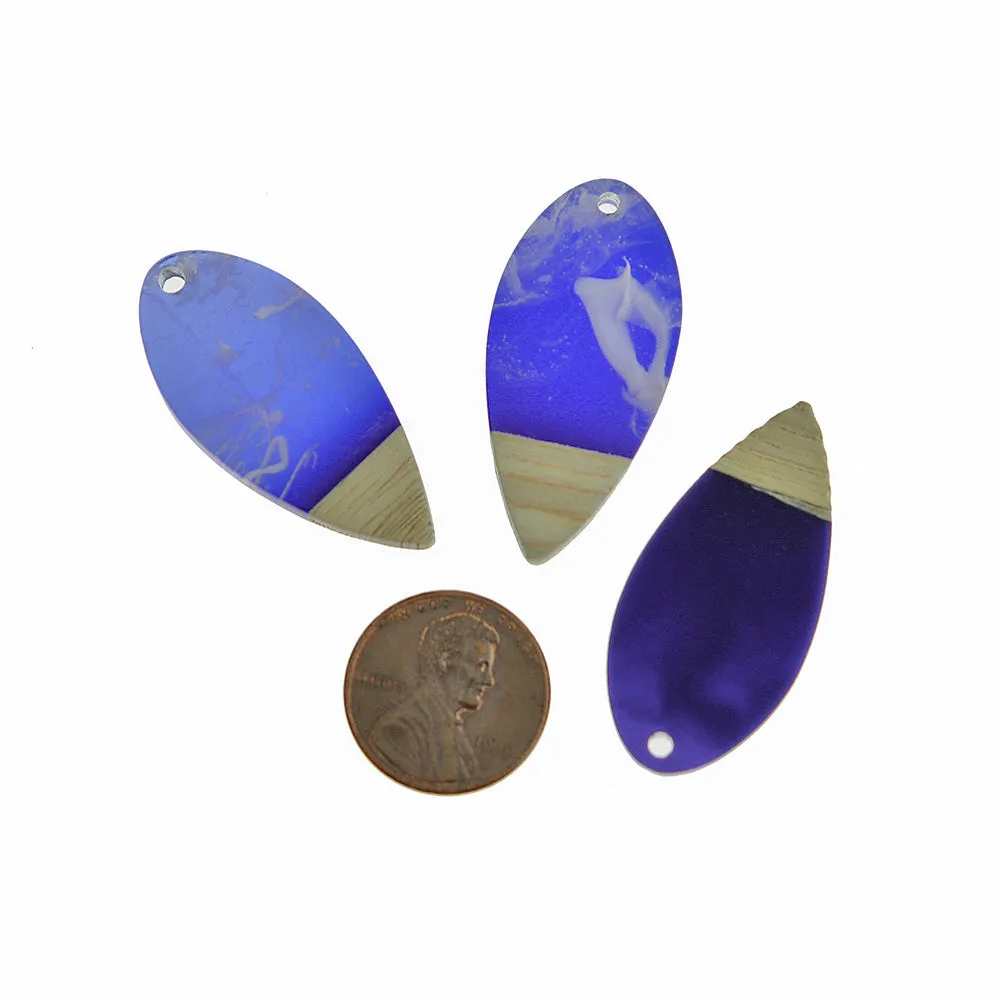 2 Teardrop Natural Wood and Resin Charms - 38mm - Black or Blue