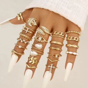 22Pcs Vintage Moon Eyes Pearl Rings Set For Women Metal Gold Color Snake Cross Geometric Hollow Finger Ring Trendy Party Jewelry
