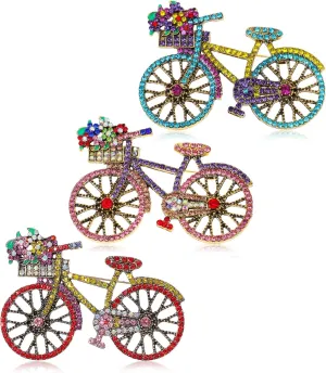 3pcs Vintage Crystal Brooch Rhinestone Pins for Women, Ymapinc Retro Elegant Handmade Bicycle Brooch Pins for Crafts, Classic Wedding Jewelry Accessories Gift, Red Pink Blue