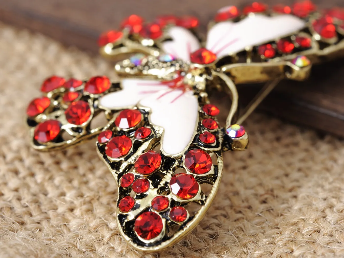 Alilang Antique Golden Tone Red Rhinestones Butterfly Insect Wings Brooch Pin