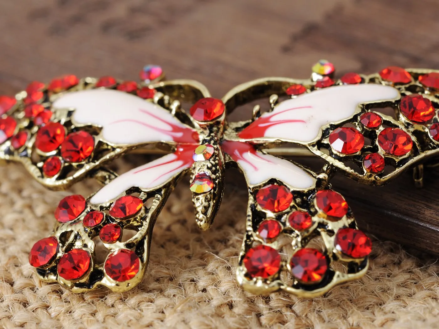 Alilang Antique Golden Tone Red Rhinestones Butterfly Insect Wings Brooch Pin