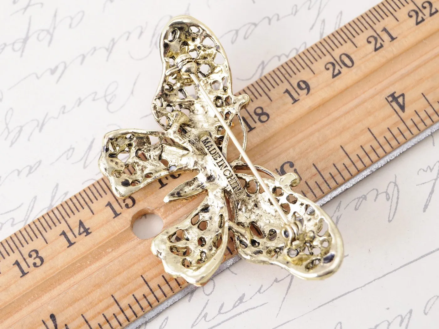 Alilang Antique Golden Tone Red Rhinestones Butterfly Insect Wings Brooch Pin