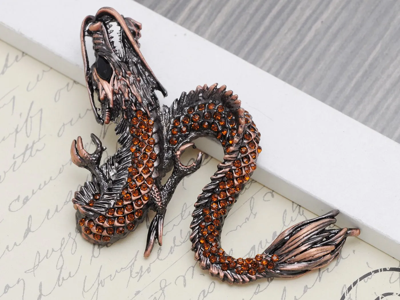 Alilang Womens Gunmetal Tone Topaz Colored Rhinestones Antique Dragon Brooch Pin