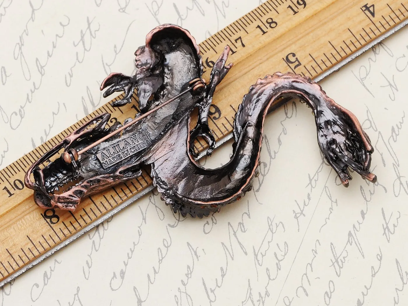 Alilang Womens Gunmetal Tone Topaz Colored Rhinestones Antique Dragon Brooch Pin