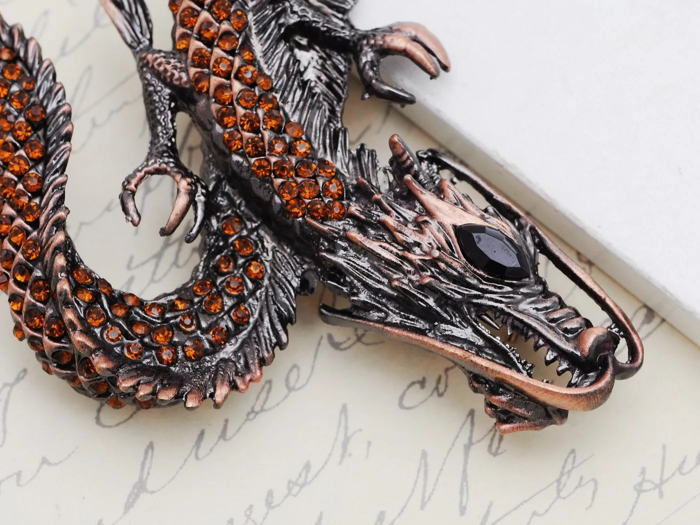 Alilang Womens Gunmetal Tone Topaz Colored Rhinestones Antique Dragon Brooch Pin