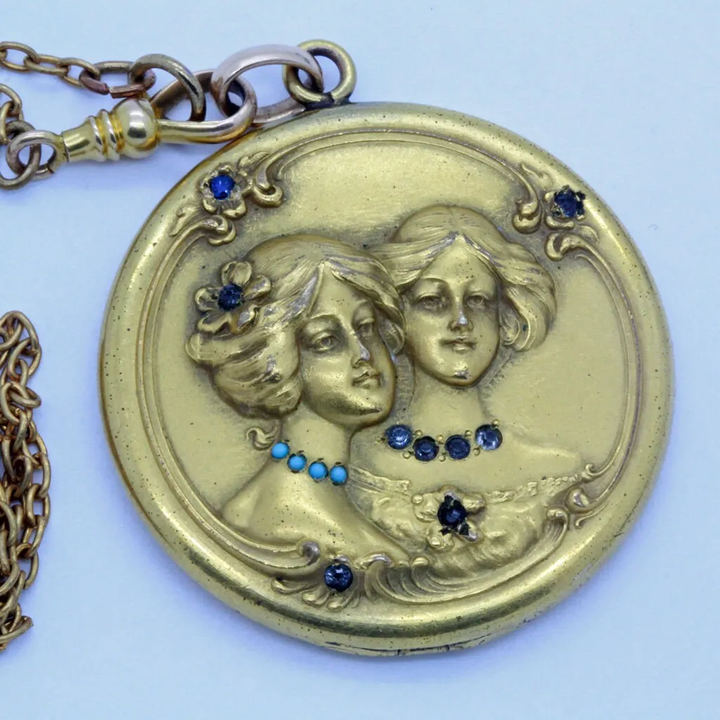 Antique Art Nouveau Picture Locket Pendant & Chain GF Gems Beautiful Women (7048)