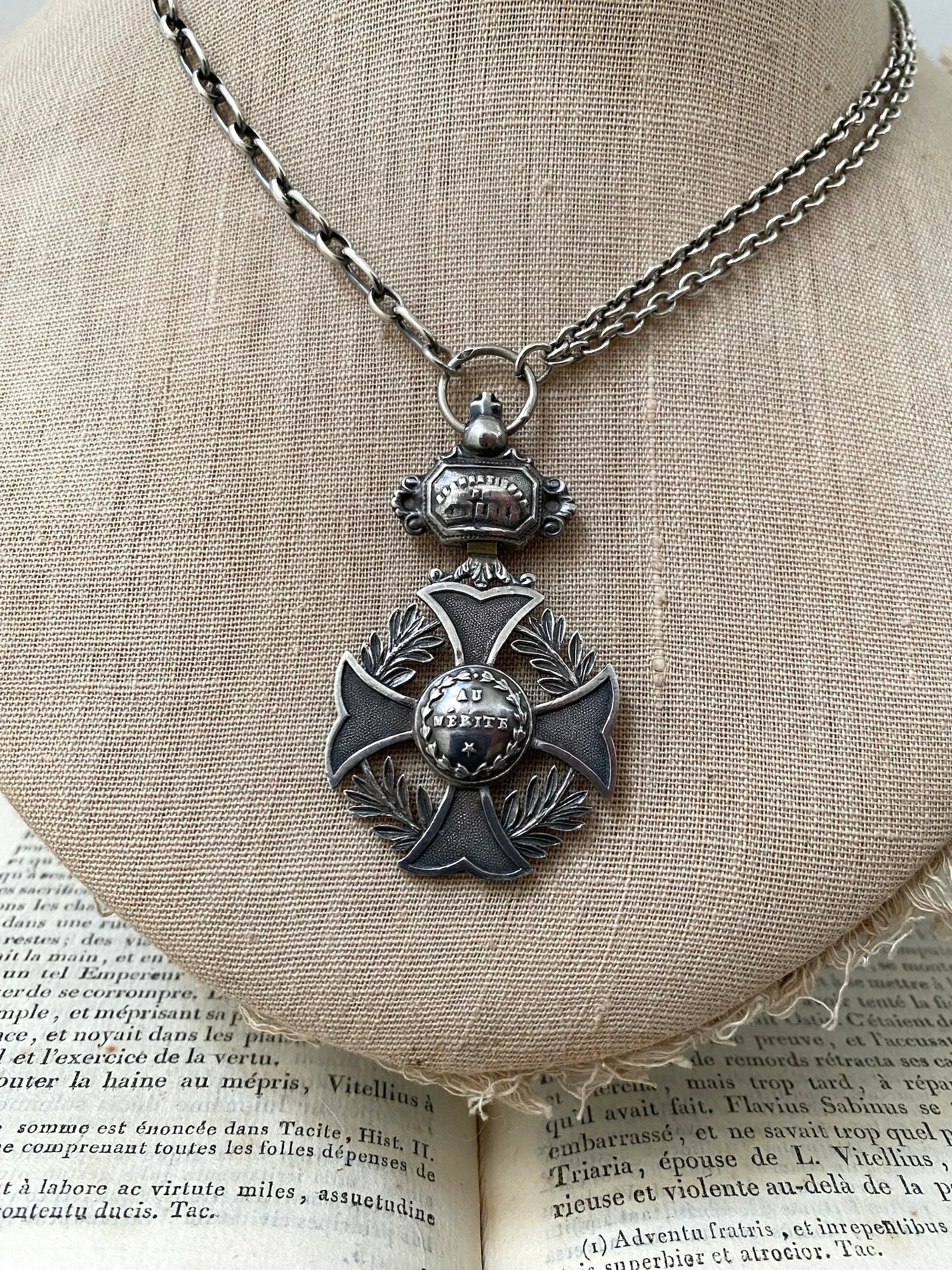 Antique French Silver Merit Award Medal Necklace