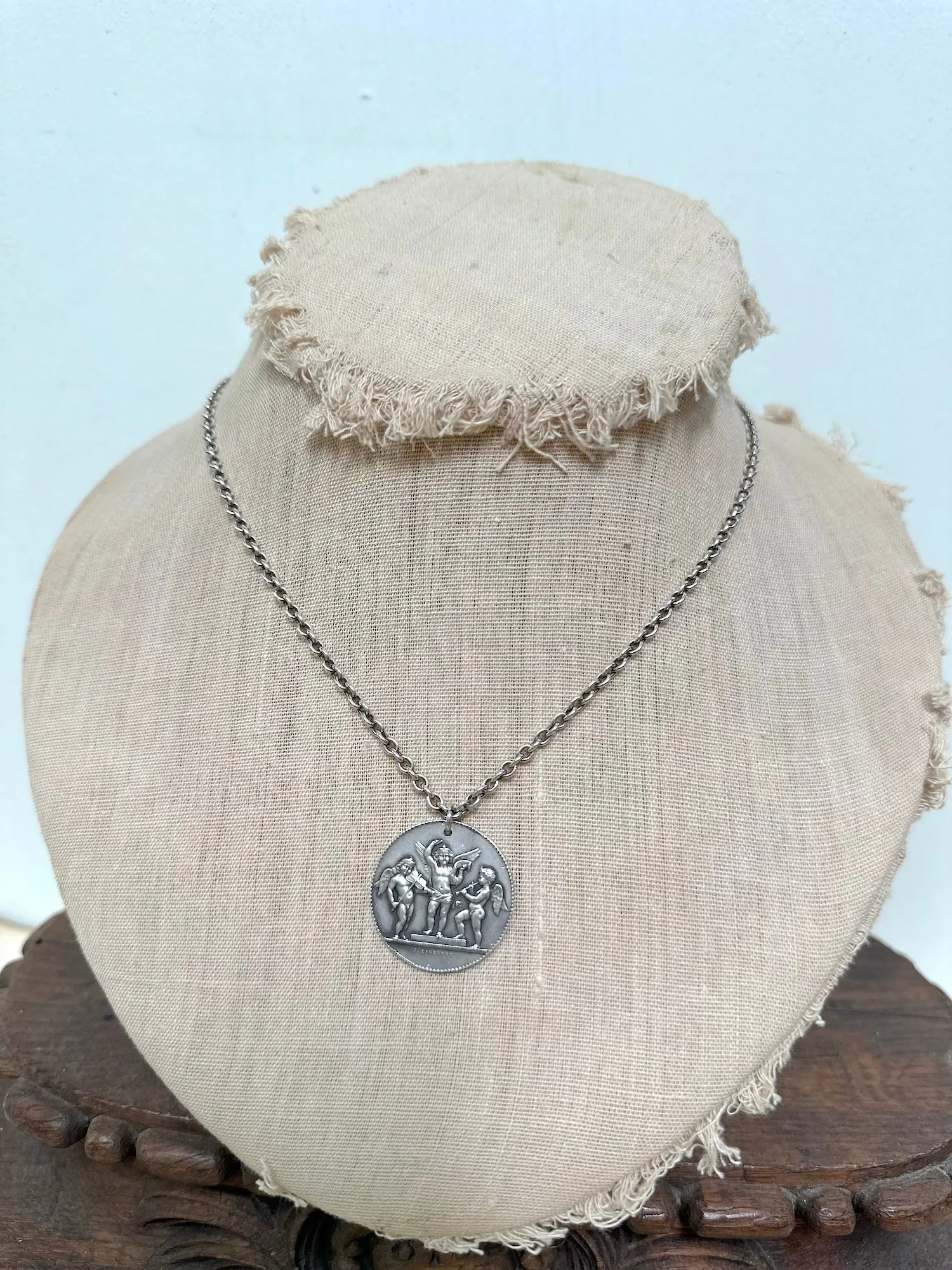 Antique French Silver Necklace With Music Award Medal Pendant