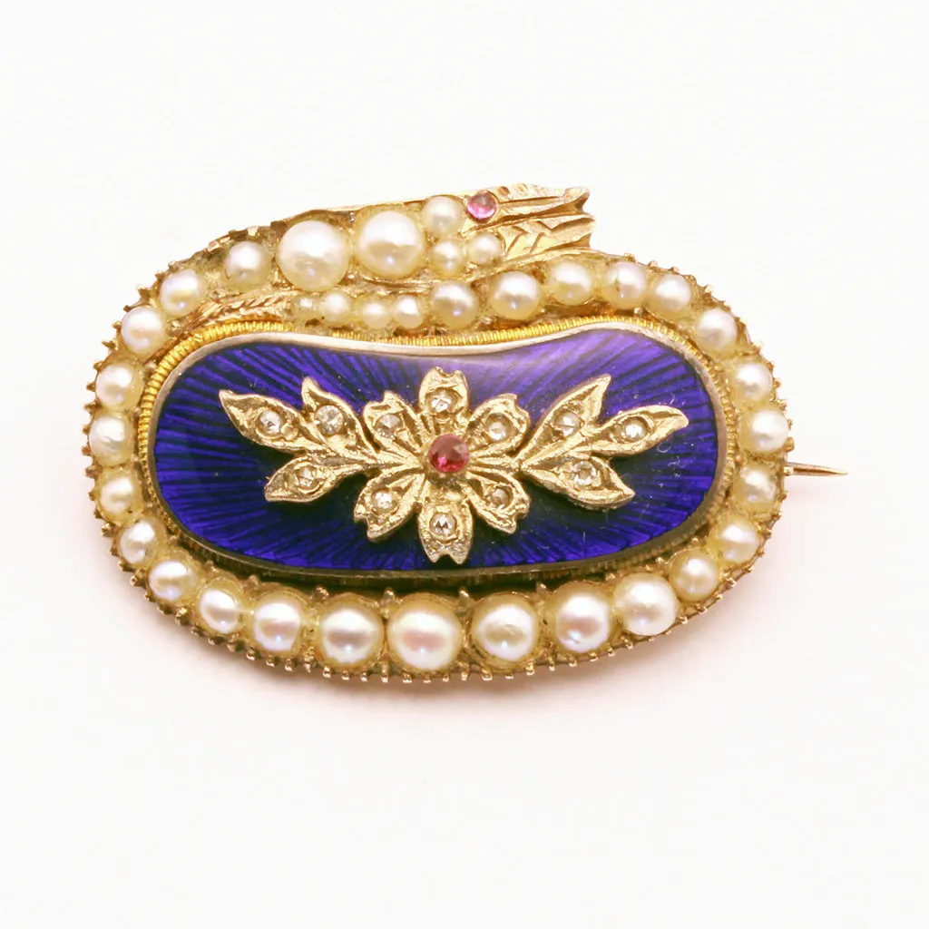 Antique Georgian snake brooch gold pearls diamonds enamel gems ouroboros (7271)