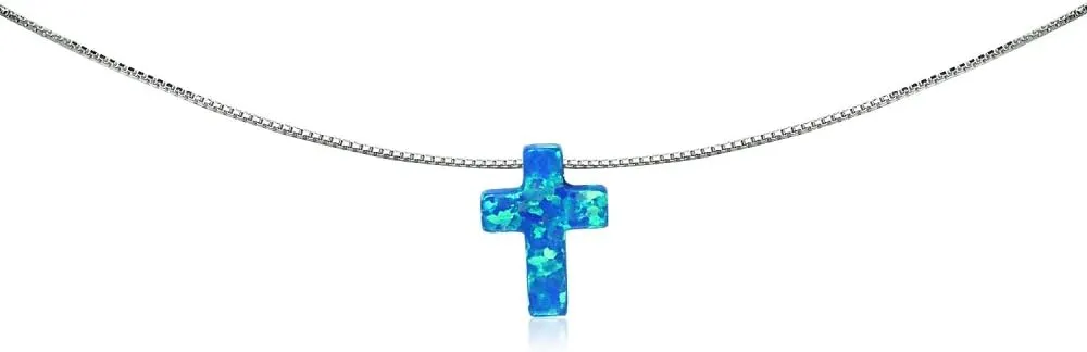 B. BRILLIANT Sterling Silver Small Dainty Synthetic Opal Cross Choker Necklace for Women