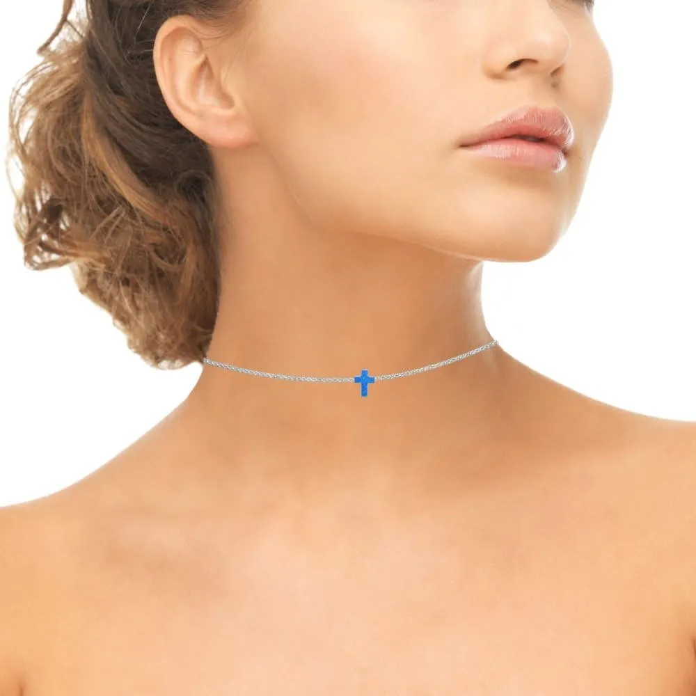 B. BRILLIANT Sterling Silver Small Dainty Synthetic Opal Cross Choker Necklace for Women