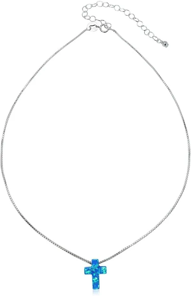 B. BRILLIANT Sterling Silver Small Dainty Synthetic Opal Cross Choker Necklace for Women