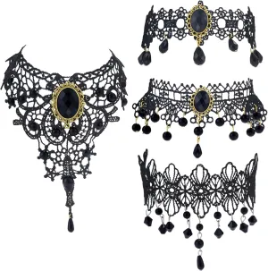Black Elegant Fabric Handmade Lace Choker Necklaces/Bracelets Jewelry Set Neckband for Women, Neck Chain Collar Statement with pendant-6Pack/4Pack