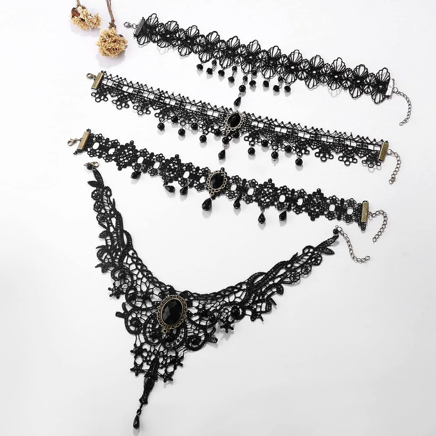 Black Elegant Fabric Handmade Lace Choker Necklaces/Bracelets Jewelry Set Neckband for Women, Neck Chain Collar Statement with pendant-6Pack/4Pack