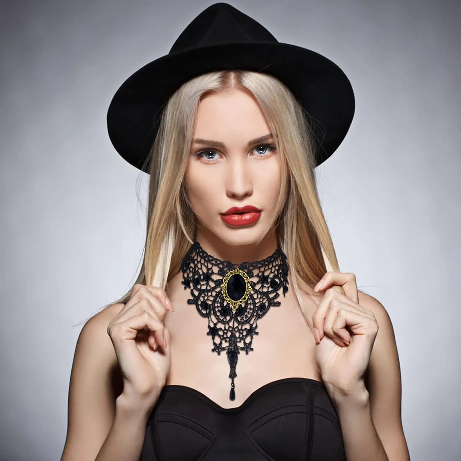 Black Elegant Fabric Handmade Lace Choker Necklaces/Bracelets Jewelry Set Neckband for Women, Neck Chain Collar Statement with pendant-6Pack/4Pack