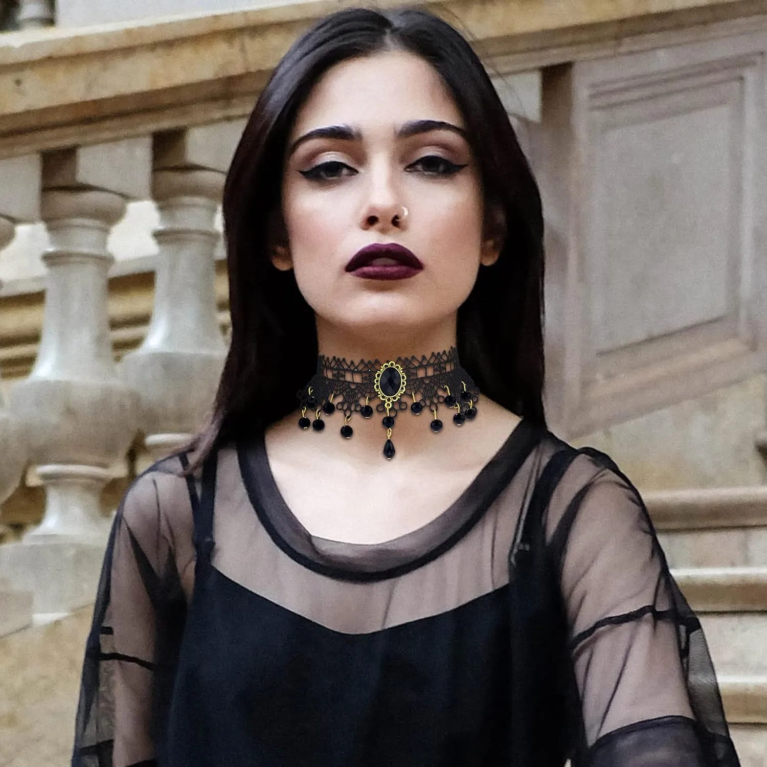 Black Elegant Fabric Handmade Lace Choker Necklaces/Bracelets Jewelry Set Neckband for Women, Neck Chain Collar Statement with pendant-6Pack/4Pack