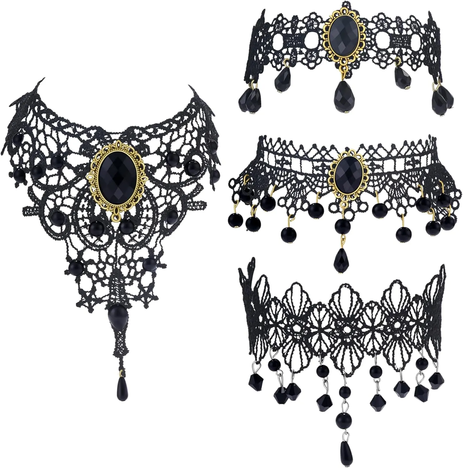 Black Elegant Fabric Handmade Lace Choker Necklaces/Bracelets Jewelry Set Neckband for Women, Neck Chain Collar Statement with pendant-6Pack/4Pack