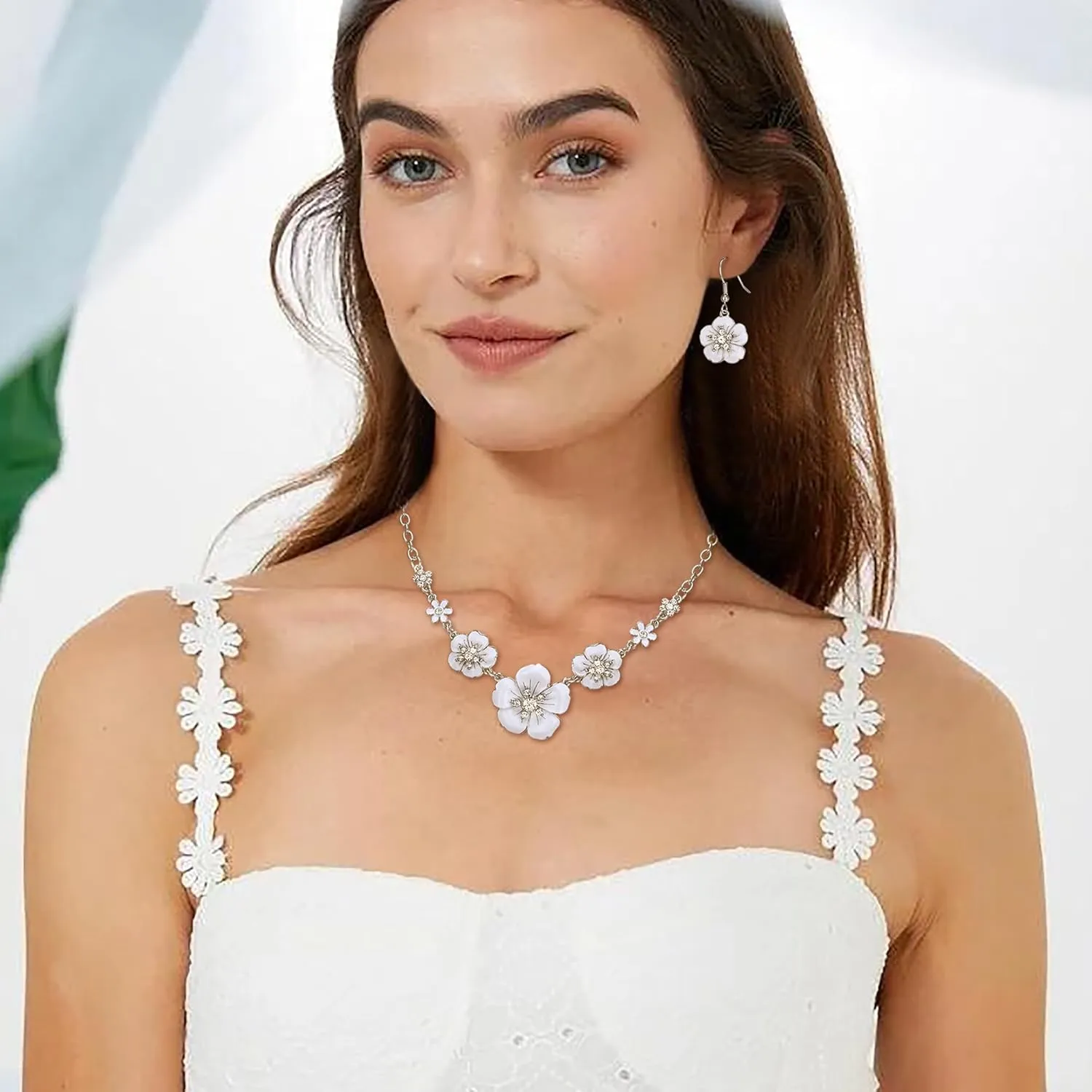 Crysdue Flower Collar Necklace Earrings Set, Floral Statement Summer Beach Chokers Necklaces Jewelry for Women