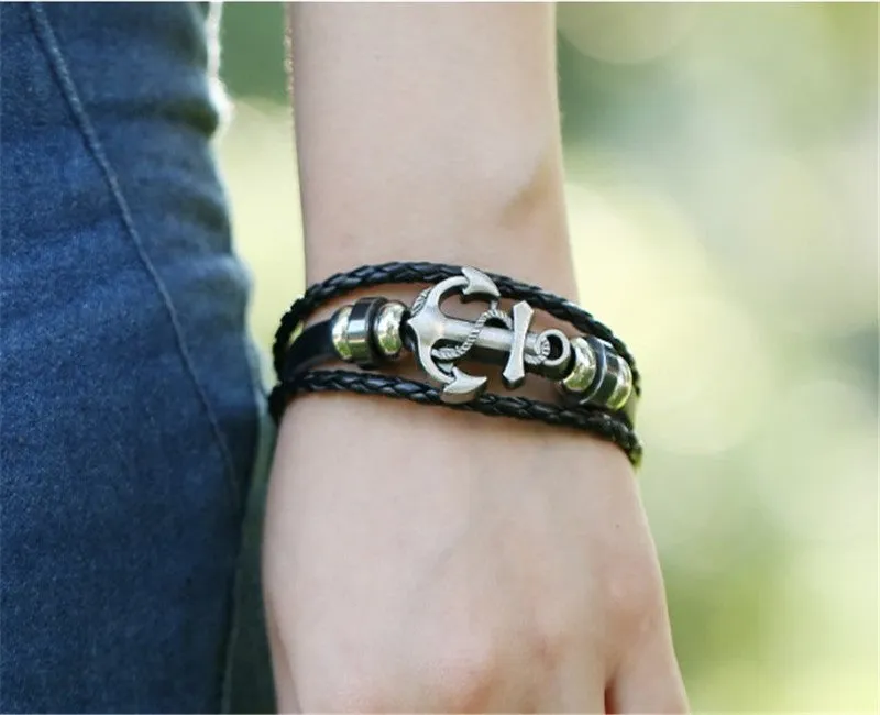 Cuff Leather Bracelets Wrist Band Vintage Punk Rock Fashion Anchor Bracelet Alloy Beads Charm For Men And Women Jewelry