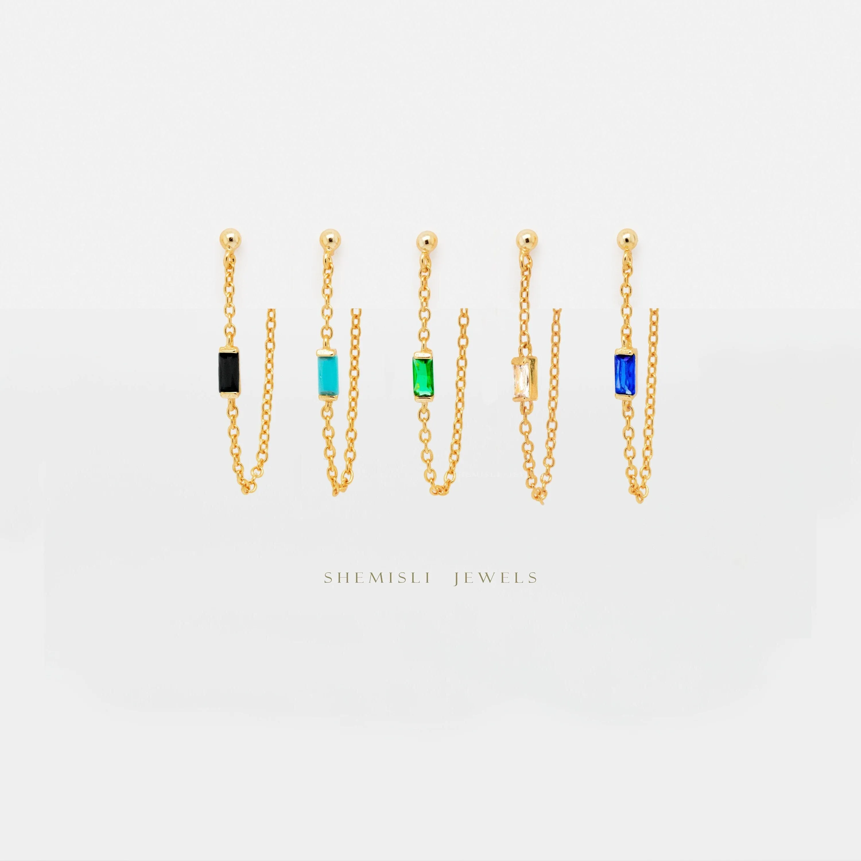 Dainty Baguette Chain Studs, White, Emerald, Turquoise, Sapphire, Black, Unisex, Gold, Silver SHEMISLI SS332, SS302, SS303, SS304, SS305