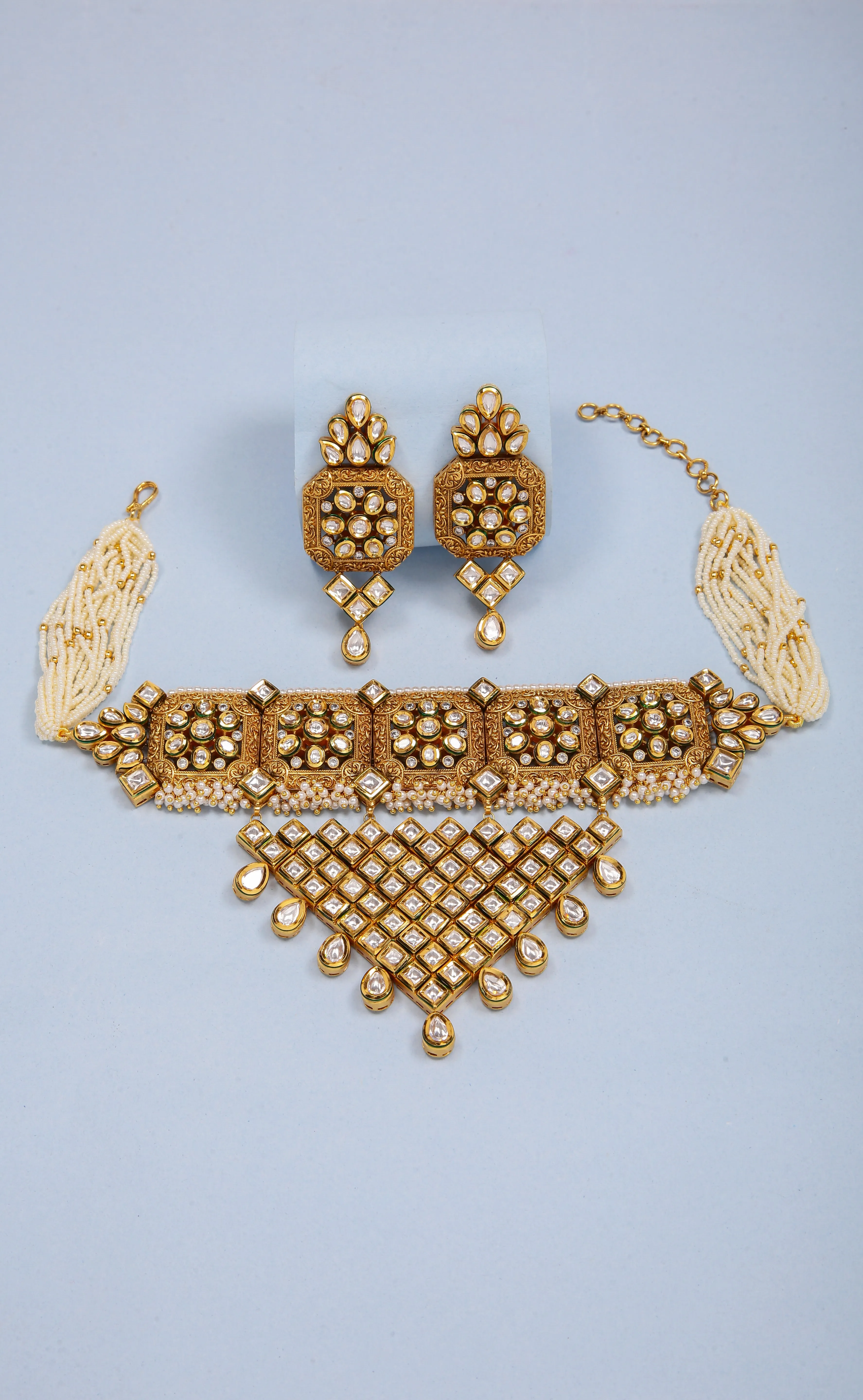 Designer Gold Plated Royal Kundan Choker Style Necklace with Earrings (D1047)