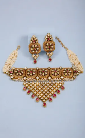 Designer Gold Plated Royal Kundan Choker Style Necklace with Earrings (D1047)