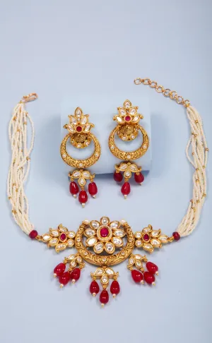 Designer Gold Plated Royal Kundan Choker Style Necklace with Earrings (D1048)