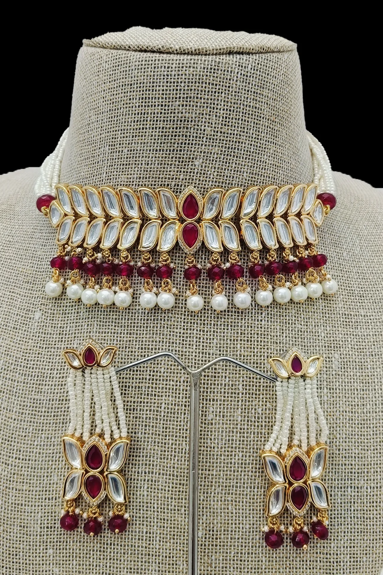 Designer Gold Plated Royal Kundan Choker Style Necklace with Earrings (D940)