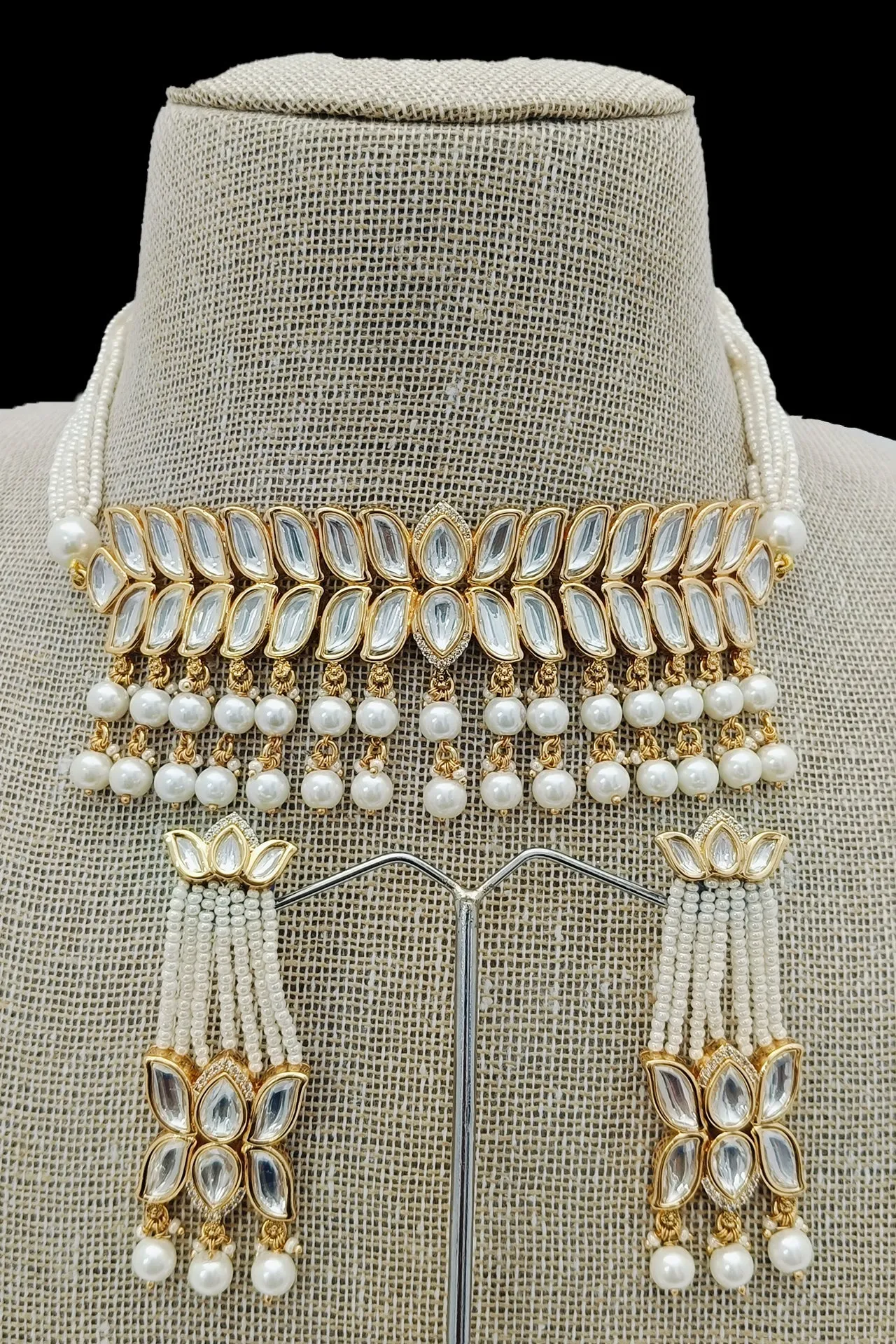 Designer Gold Plated Royal Kundan Choker Style Necklace with Earrings (D940)