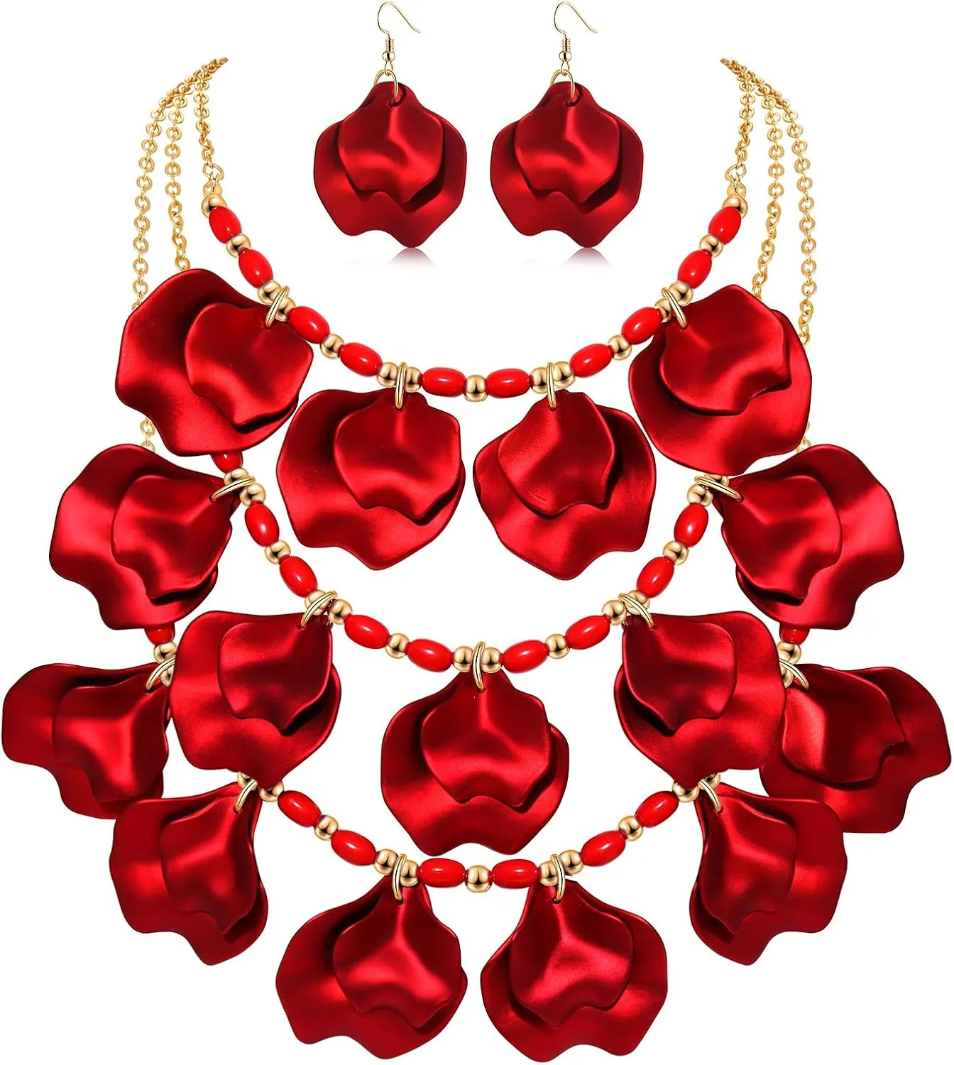 FAERLIIRY Flower Petal Necklace Earrings Set Layered Statement Necklace Beaded Necklace Jewelry Set for Women Summer Necklace Earrings