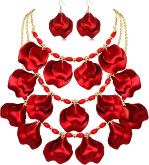 FAERLIIRY Flower Petal Necklace Earrings Set Layered Statement Necklace Beaded Necklace Jewelry Set for Women Summer Necklace Earrings