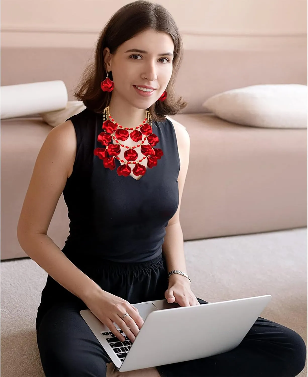 FAERLIIRY Flower Petal Necklace Earrings Set Layered Statement Necklace Beaded Necklace Jewelry Set for Women Summer Necklace Earrings