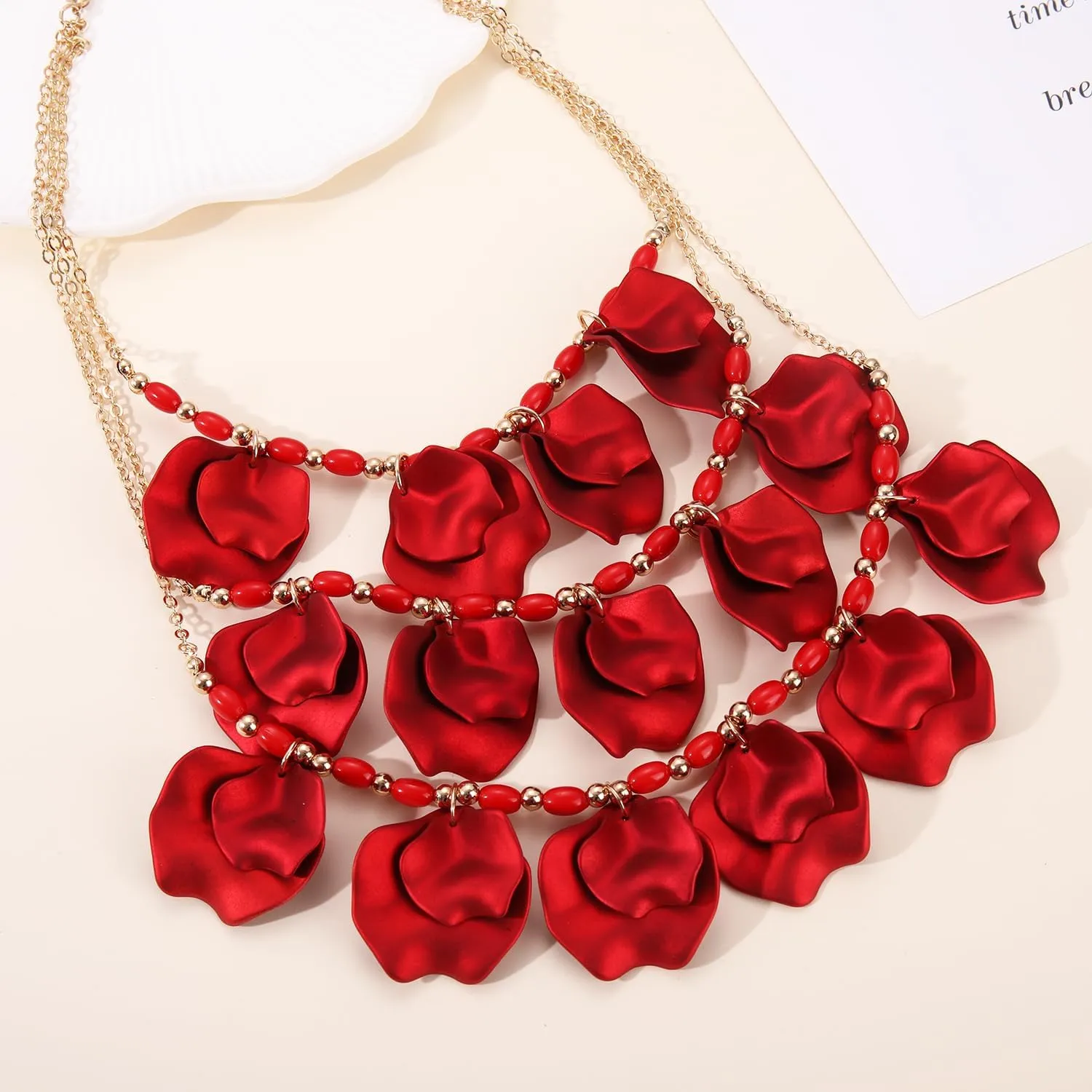 FAERLIIRY Flower Petal Necklace Earrings Set Layered Statement Necklace Beaded Necklace Jewelry Set for Women Summer Necklace Earrings