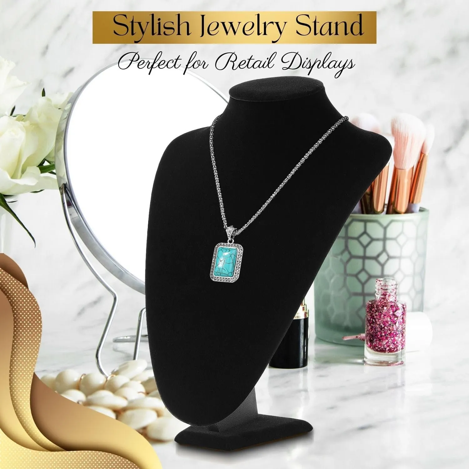 Flexzion Necklace Bust Display Stand - 13.7 Inch 3D Mannequin Black Velvet Necklace Display Holder for Home, Boutique & Trade Shows - Jewelry Display for Selling Necklace, Pendants, Chokers, Lockets