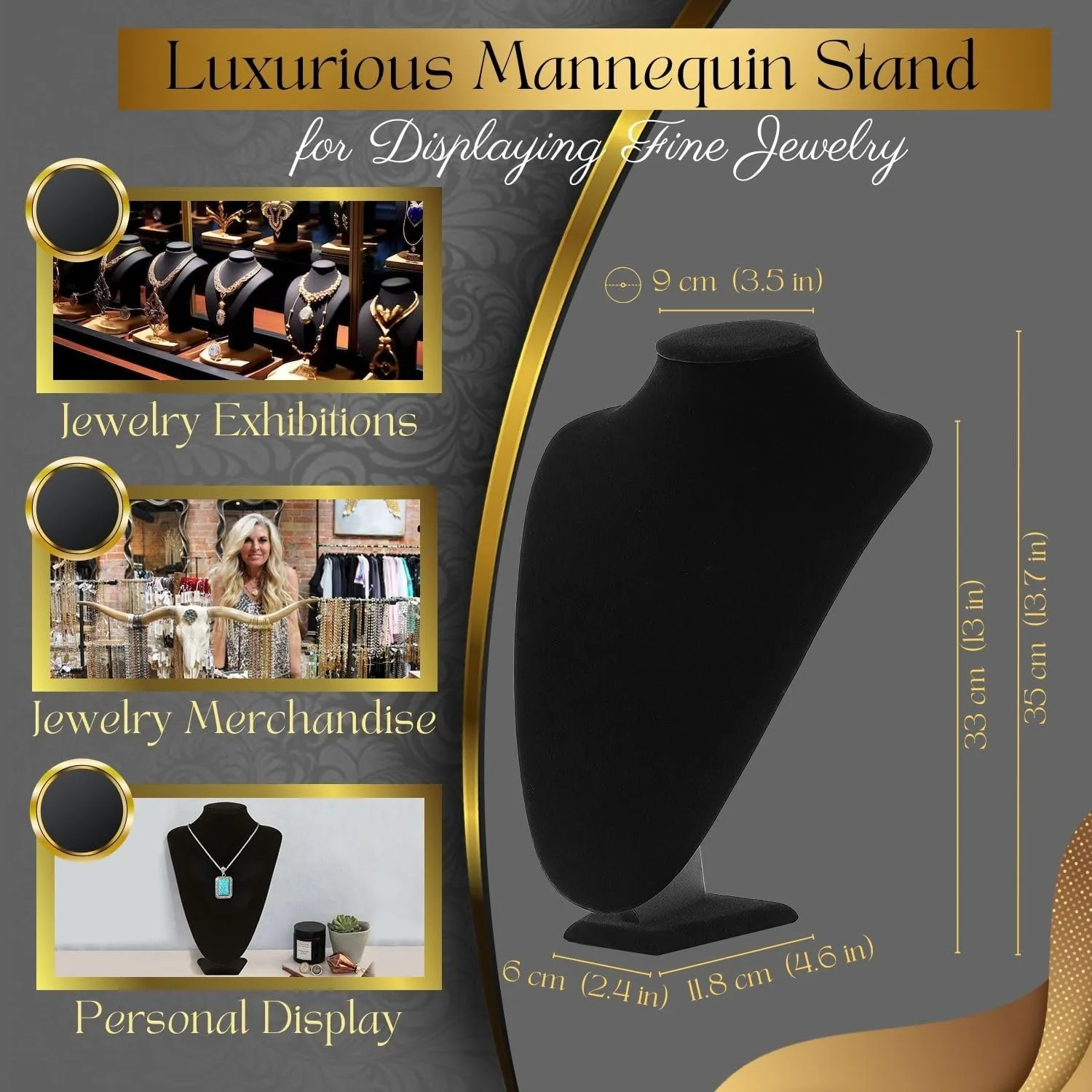 Flexzion Necklace Bust Display Stand - 13.7 Inch 3D Mannequin Black Velvet Necklace Display Holder for Home, Boutique & Trade Shows - Jewelry Display for Selling Necklace, Pendants, Chokers, Lockets