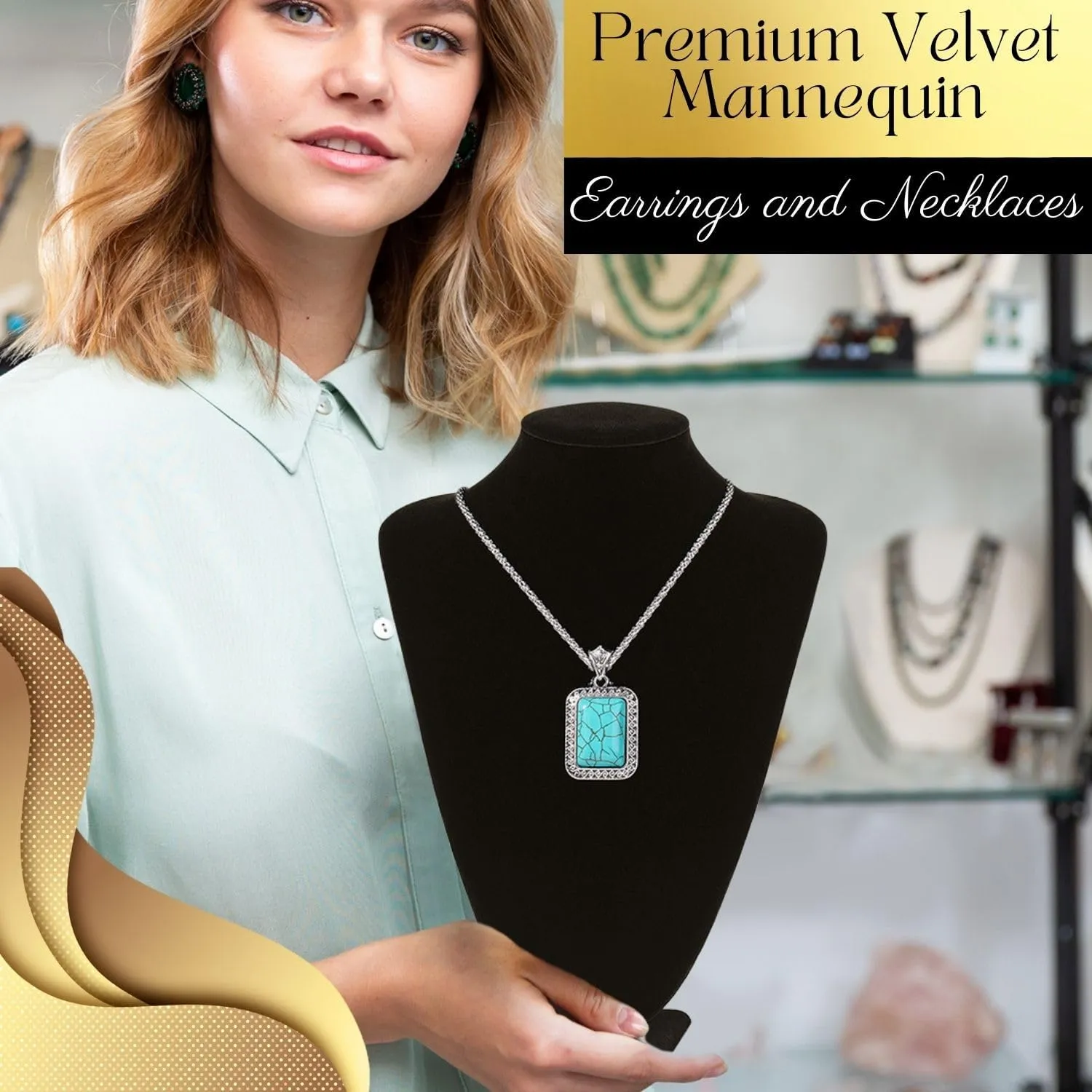 Flexzion Necklace Bust Display Stand - 13.7 Inch 3D Mannequin Black Velvet Necklace Display Holder for Home, Boutique & Trade Shows - Jewelry Display for Selling Necklace, Pendants, Chokers, Lockets
