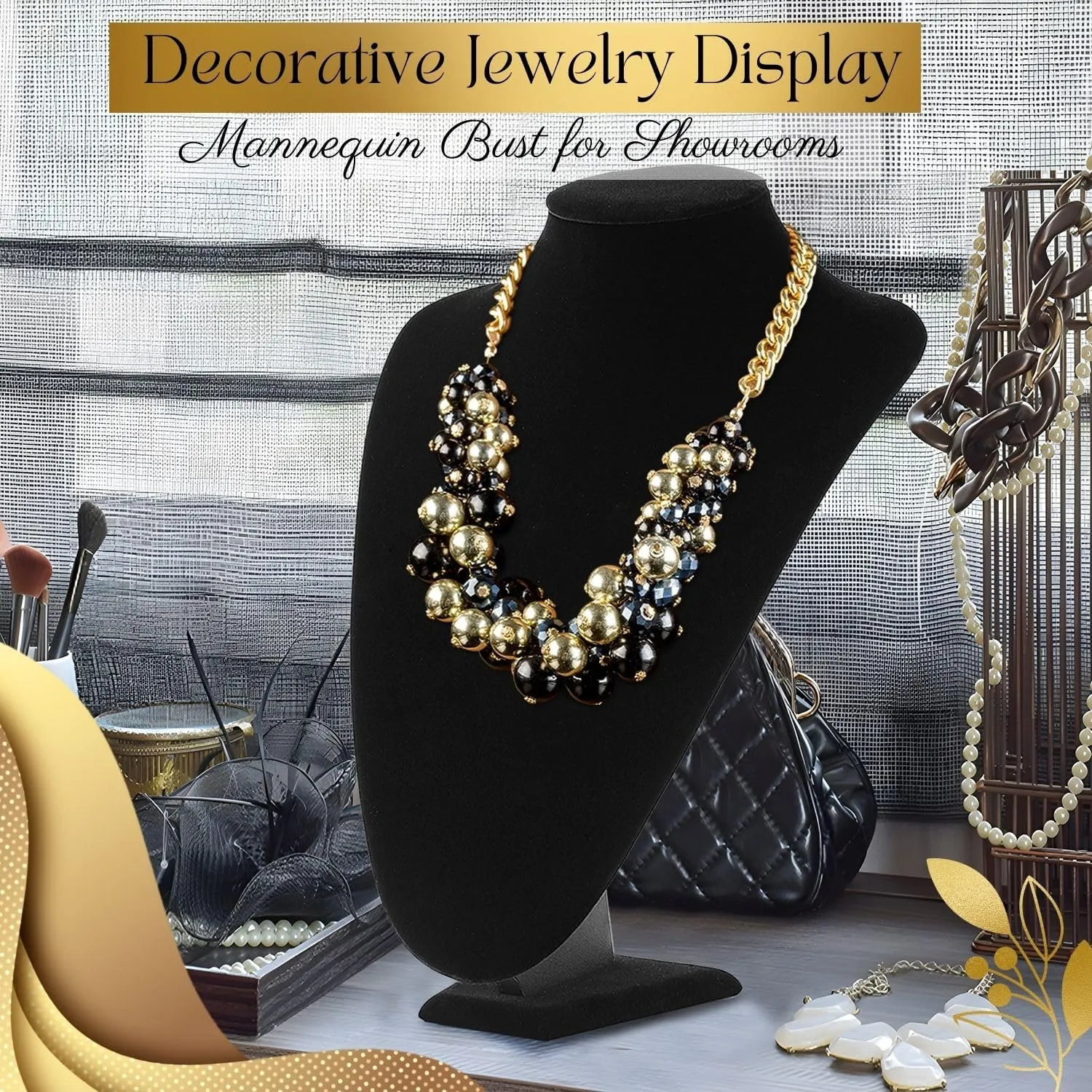 Flexzion Necklace Bust Display Stand - 13.7 Inch 3D Mannequin Black Velvet Necklace Display Holder for Home, Boutique & Trade Shows - Jewelry Display for Selling Necklace, Pendants, Chokers, Lockets