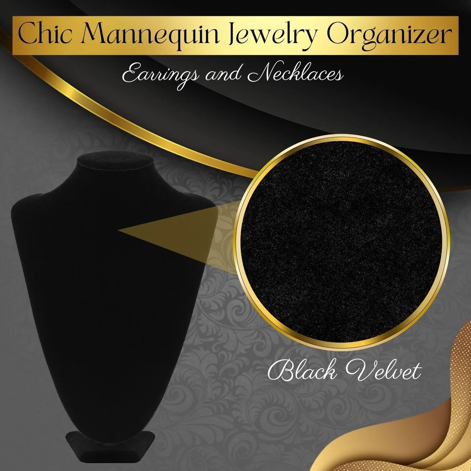 Flexzion Necklace Bust Display Stand - 13.7 Inch 3D Mannequin Black Velvet Necklace Display Holder for Home, Boutique & Trade Shows - Jewelry Display for Selling Necklace, Pendants, Chokers, Lockets