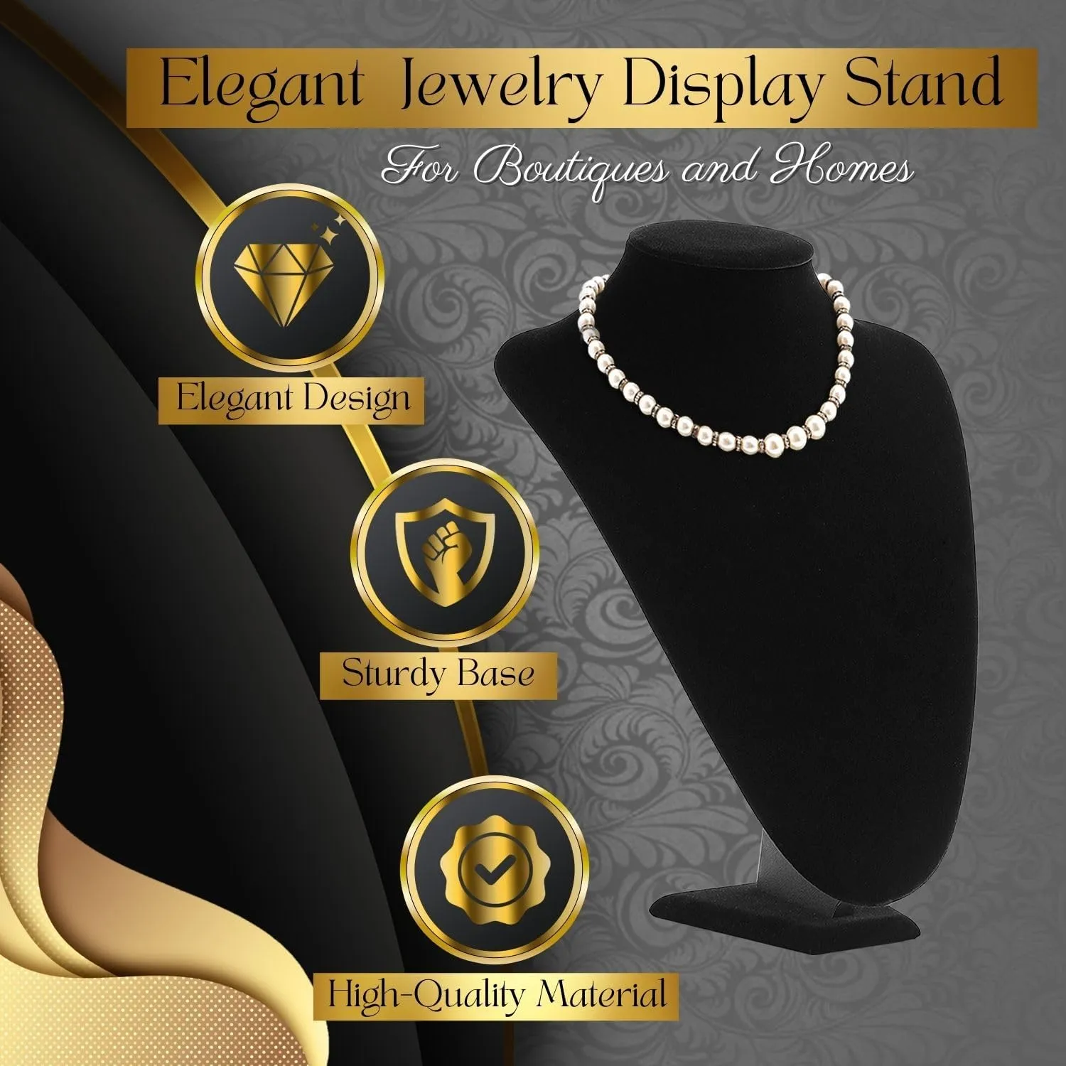 Flexzion Necklace Bust Display Stand - 13.7 Inch 3D Mannequin Black Velvet Necklace Display Holder for Home, Boutique & Trade Shows - Jewelry Display for Selling Necklace, Pendants, Chokers, Lockets