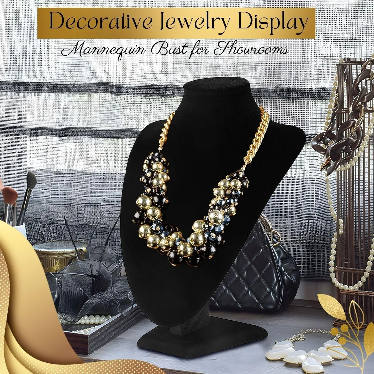 Flexzion Necklace Display Stand - Jewelry Bust Display, 10 Inch Black Velvet 3D Mannequin Holder for Necklaces, Pendants & Lockets - Jewelry Display for Home, Boutique & Trade Show