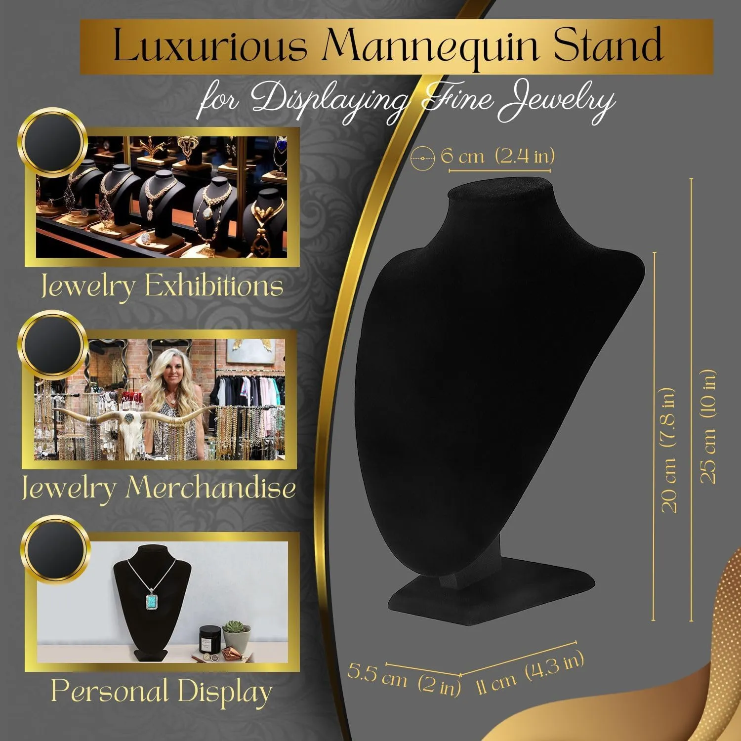 Flexzion Necklace Display Stand - Jewelry Bust Display, 10 Inch Black Velvet 3D Mannequin Holder for Necklaces, Pendants & Lockets - Jewelry Display for Home, Boutique & Trade Show