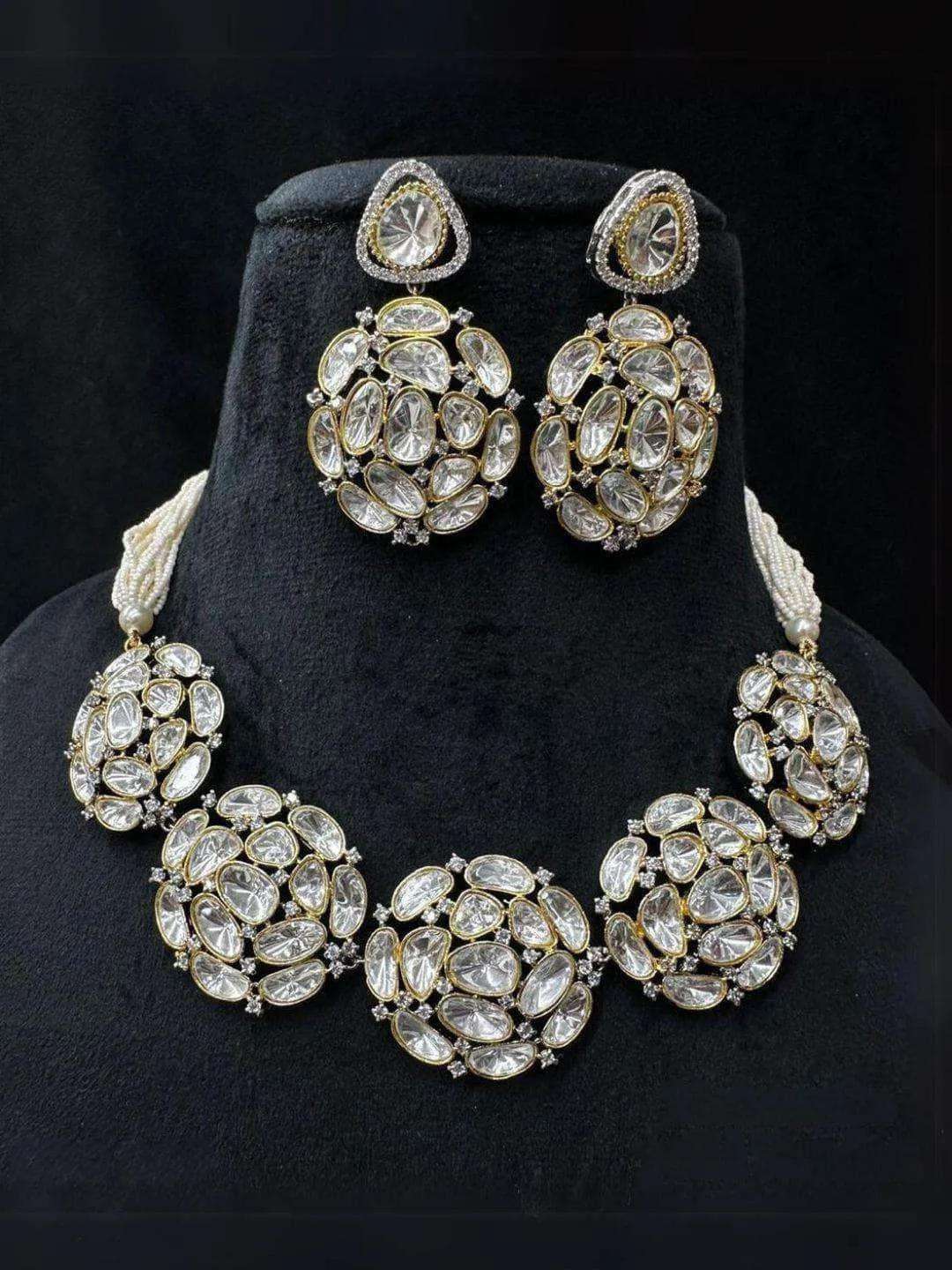 Gold Finish Kundan Polki Necklace Set