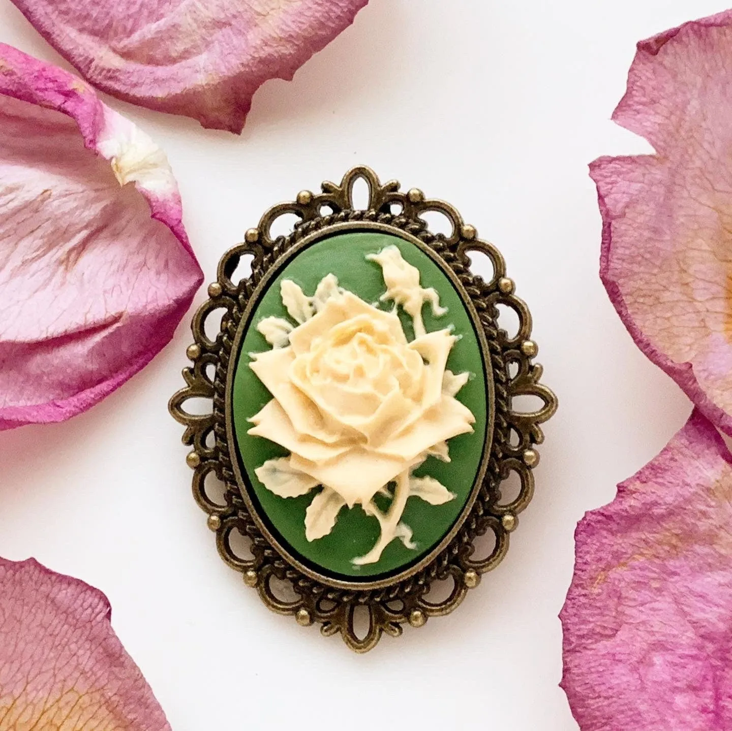 Green Rose Cameo Brooch Medium Size