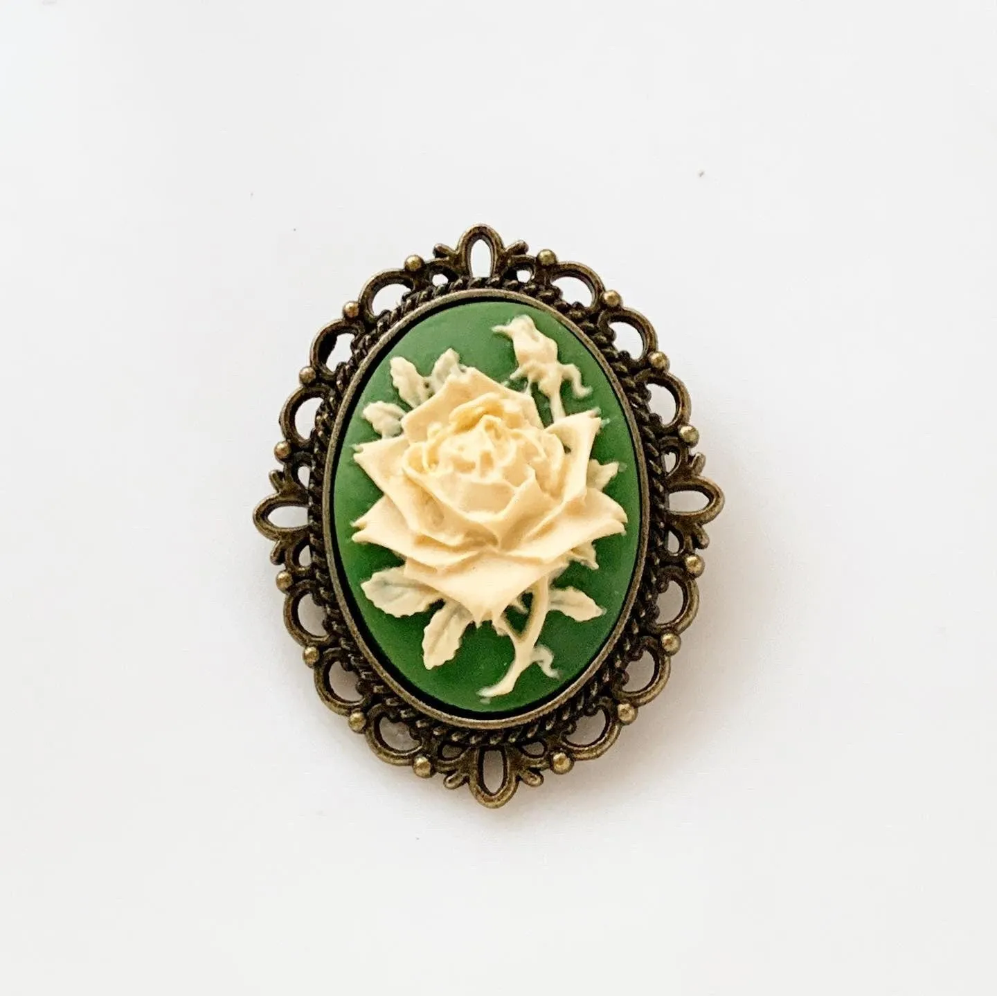 Green Rose Cameo Brooch Medium Size