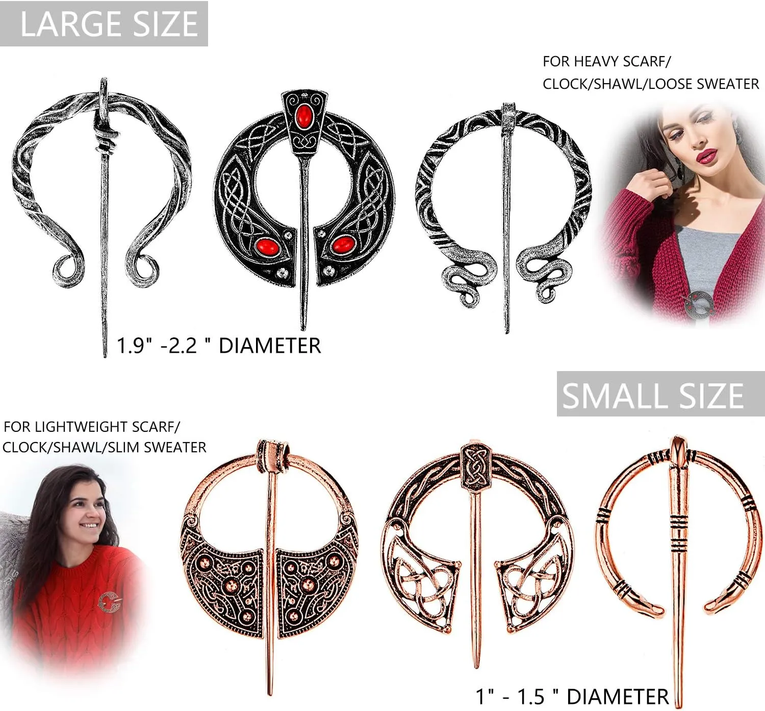 Hicarer 6 Pieces Vintage Viking Brooch Cloak Pin Scarf Shawl Buckle Clasp Pin Brooch Penannular for Costume Accessory, Antique Silver, Rose Gold