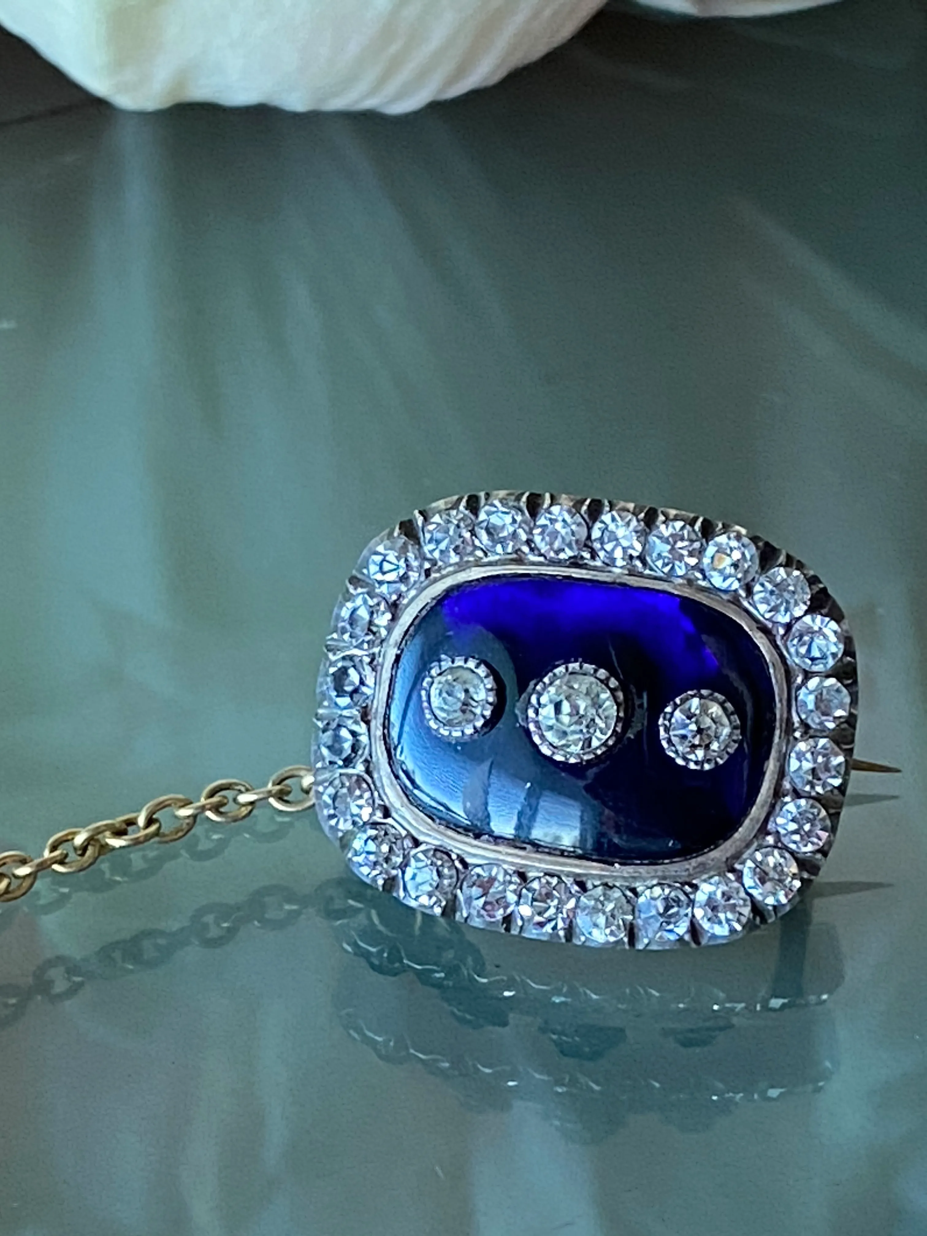 Late Georgian Early Victorian Bristol Blue Glass Brooch w/ Paste Stones