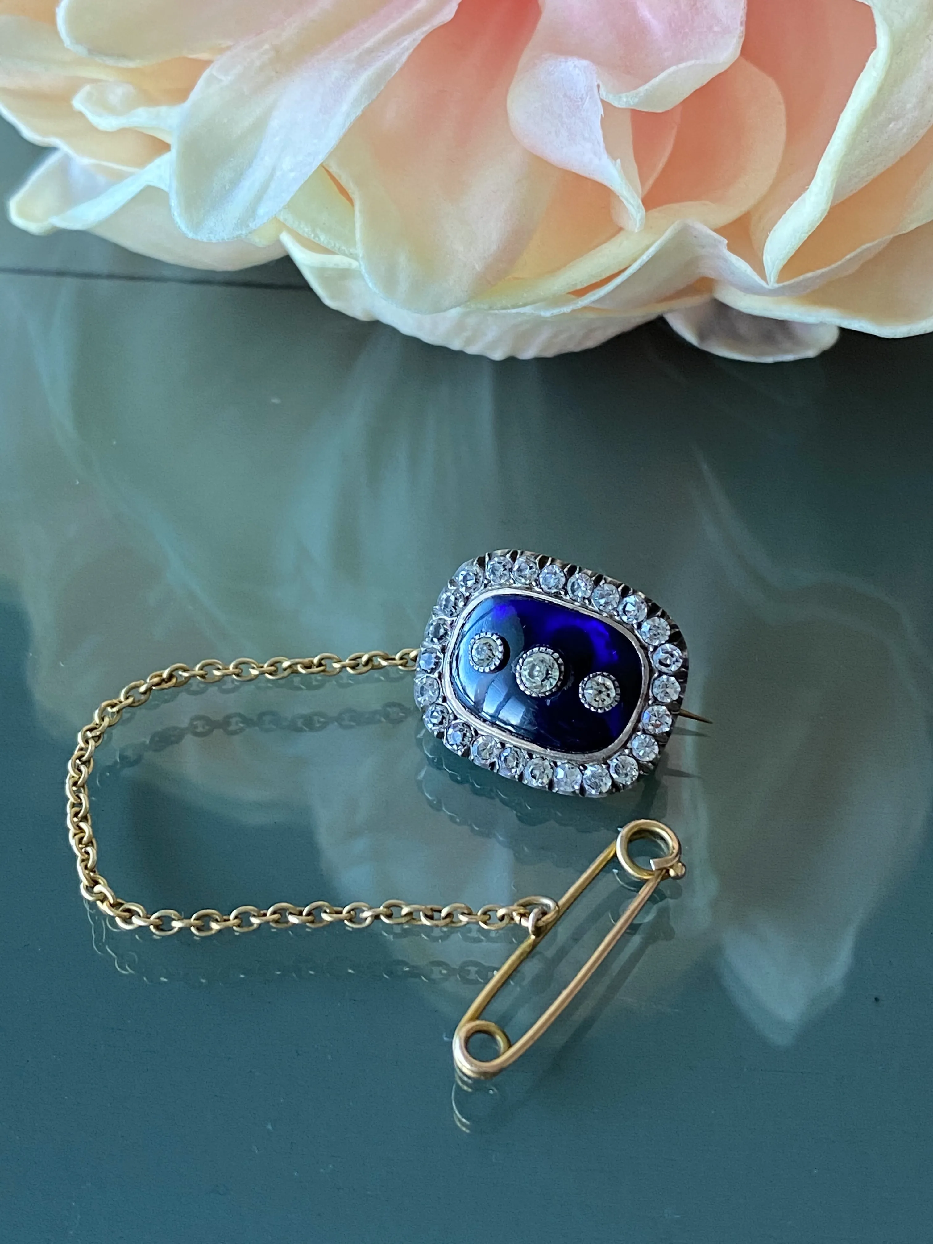 Late Georgian Early Victorian Bristol Blue Glass Brooch w/ Paste Stones