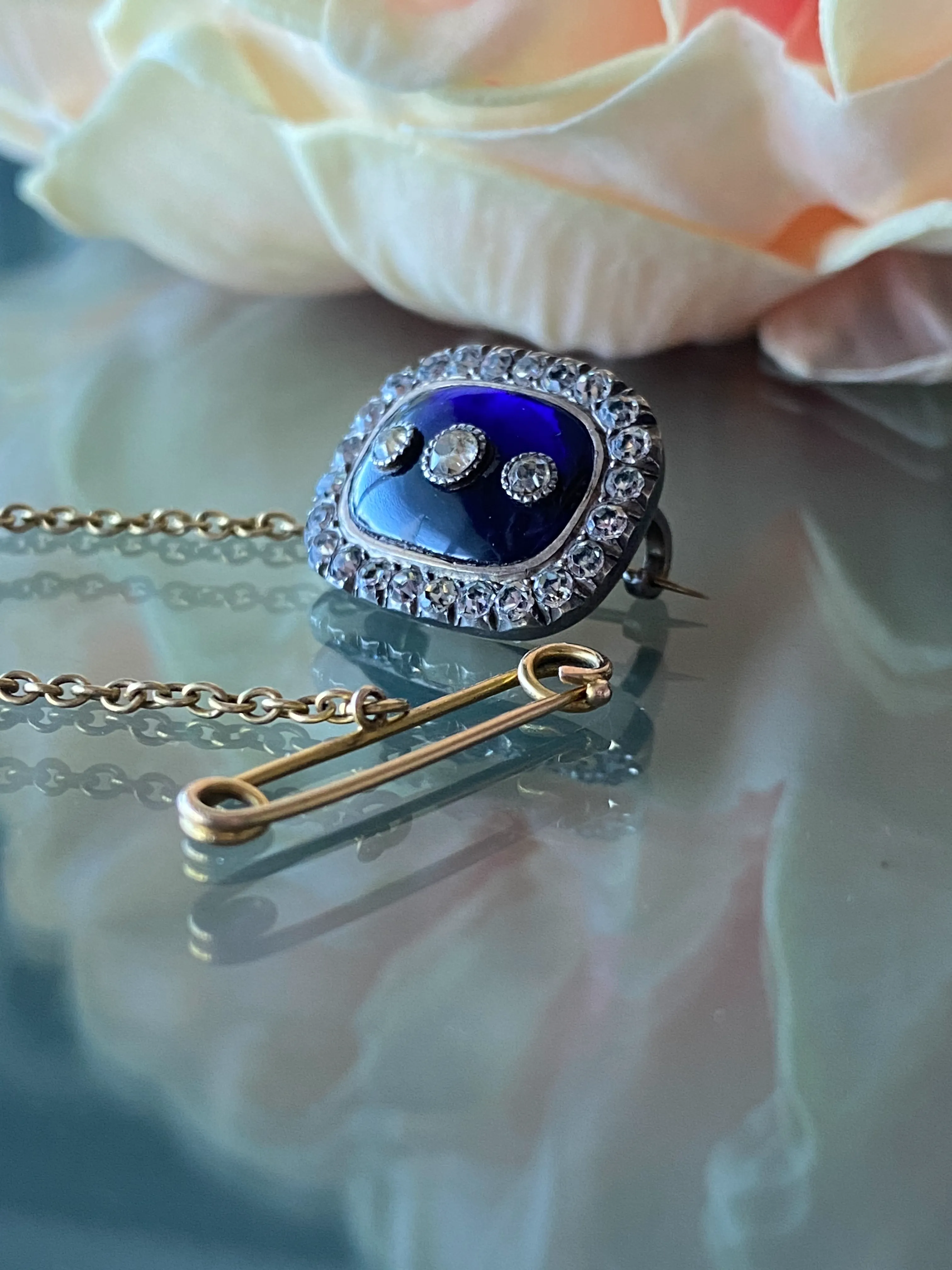 Late Georgian Early Victorian Bristol Blue Glass Brooch w/ Paste Stones