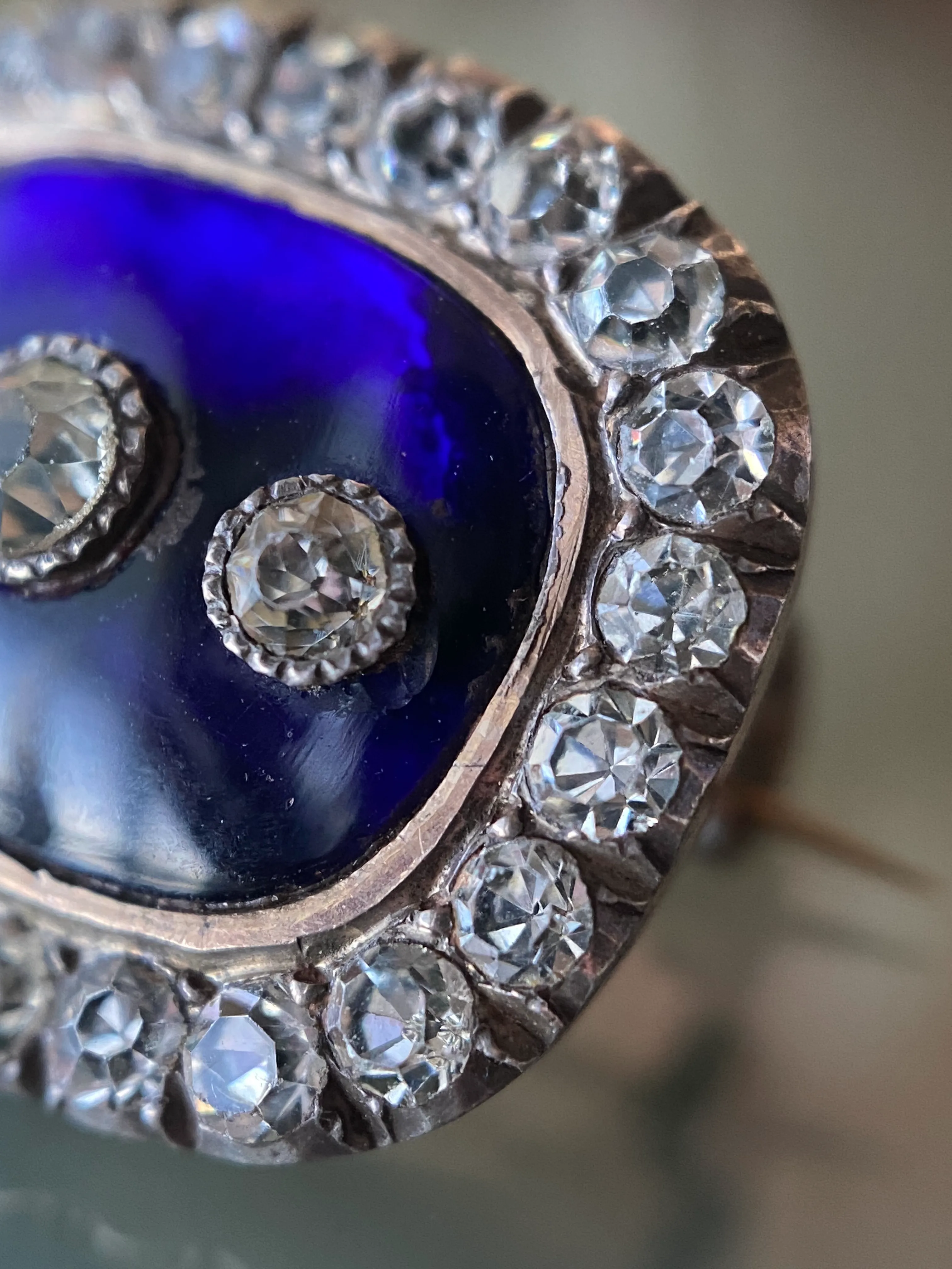 Late Georgian Early Victorian Bristol Blue Glass Brooch w/ Paste Stones